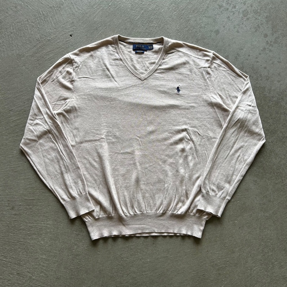 Polo Ralph Lauren Sweater Mens XL Beige Pima Cotton V Neck Pullover Knit Preppy